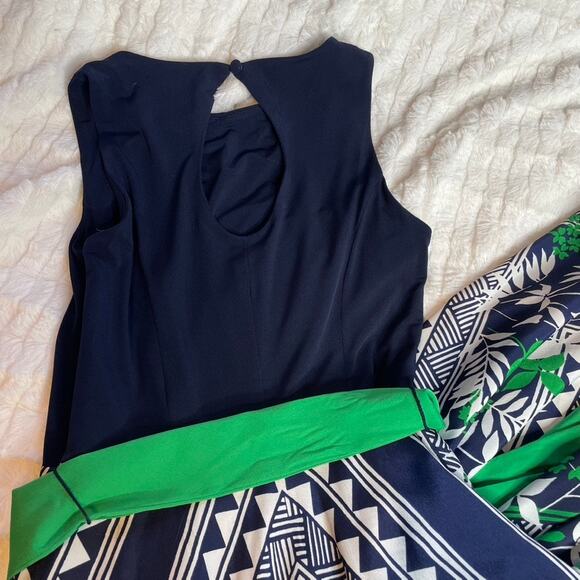 ELIZA J Navy Blue Green Tank Dress Maxi 2 Small Tie Waist Jersey Scarf Print - Picture 4 of 5